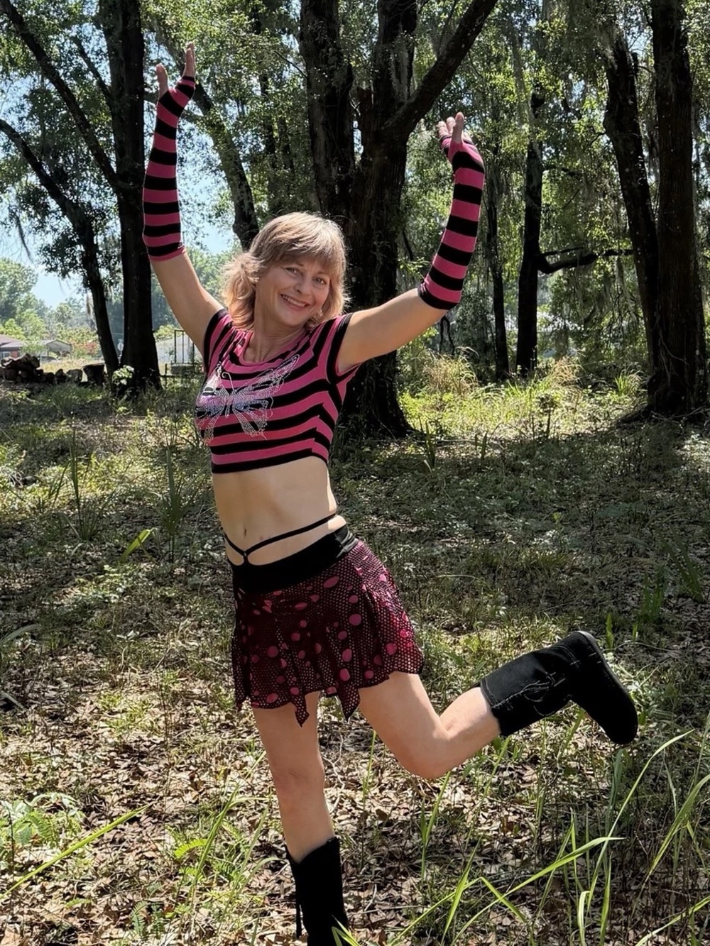 SHEIN Black and Pink Polka Dot Mesh Layered Skort & cropped top with rhinestones